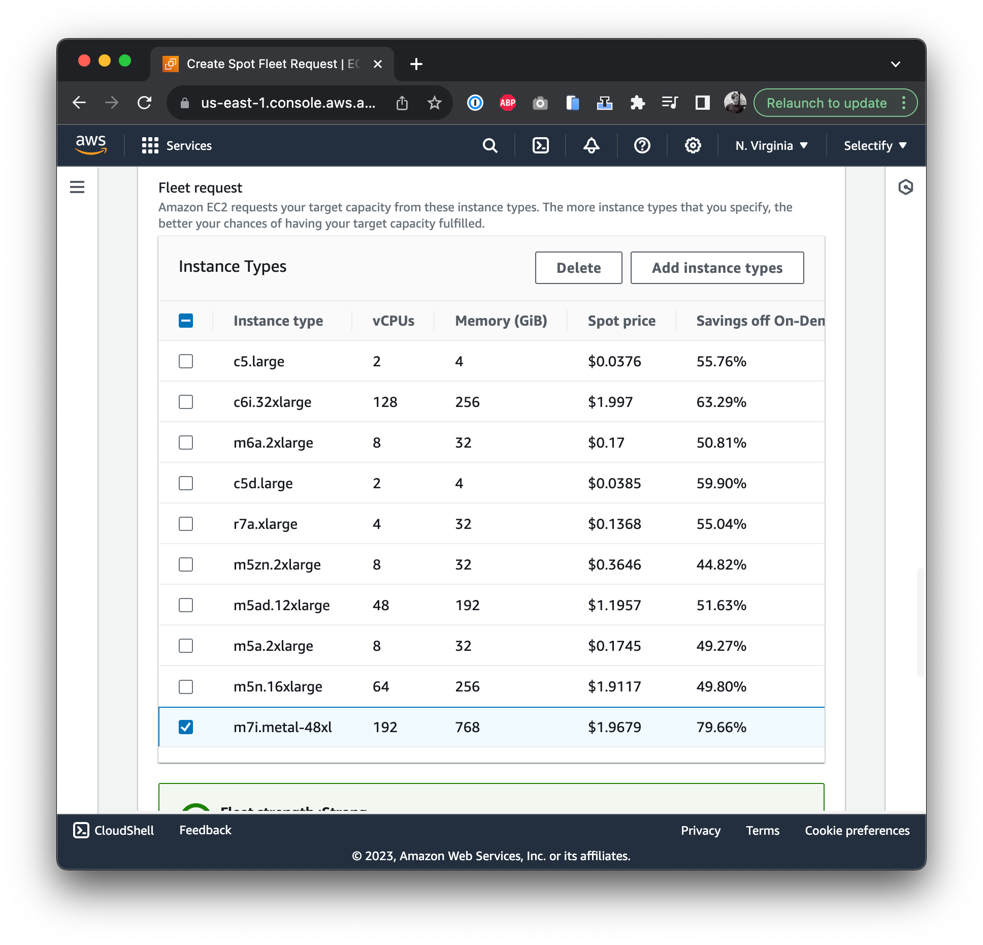 Screenshot of AWS device selection